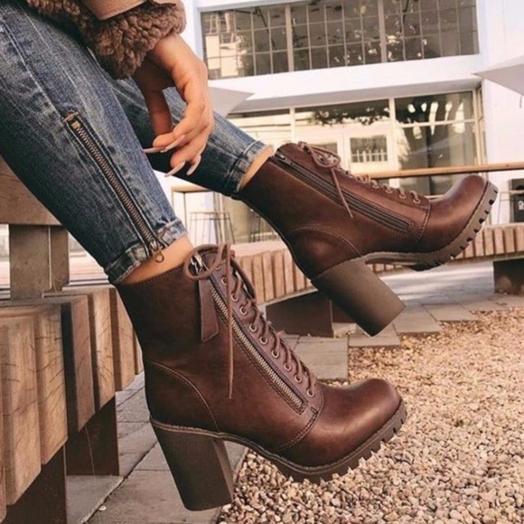 Soda Shoes - Soda Brown Vegan Leather Moto Lace up Zipper booties